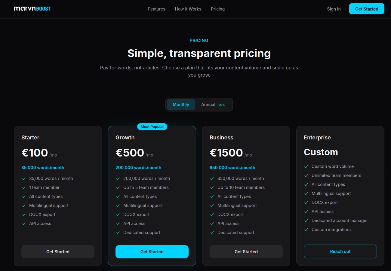 marvnBoost pricing tiers — Starter €100/month (35,000 words), Growth €500/month (200,000 words, most popular), Business €1,500/month (650,000 words), Enterprise custom pricing.